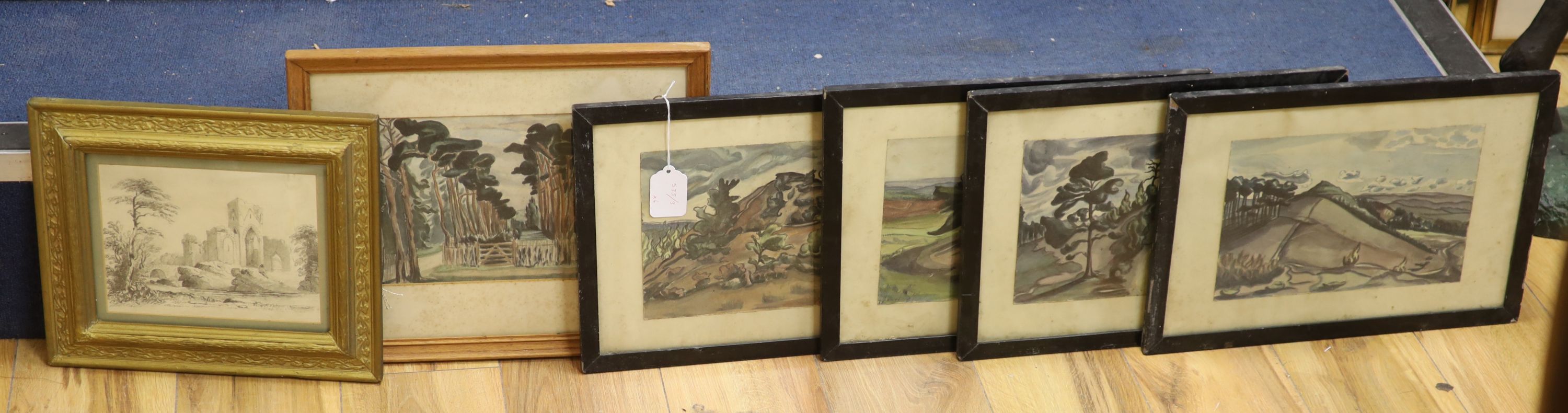 Jill Whitford-Hawkes, five watercolours, Views around Frentham, and an earlier study of castle ruins, largest 18 x 27cm